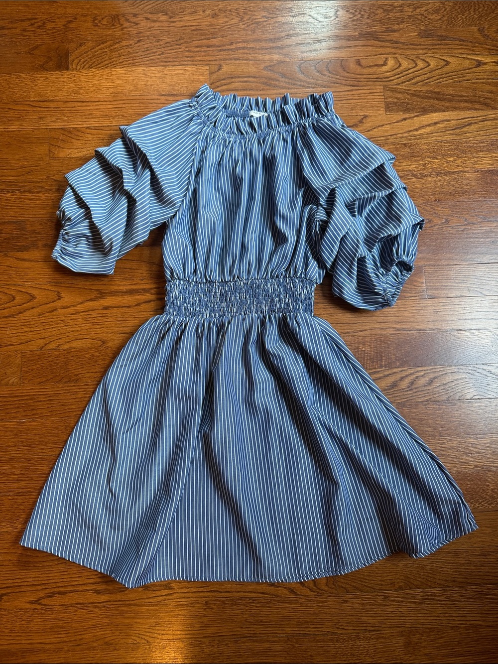 Blue Pinstripe Kids Dress with Smocked Waist